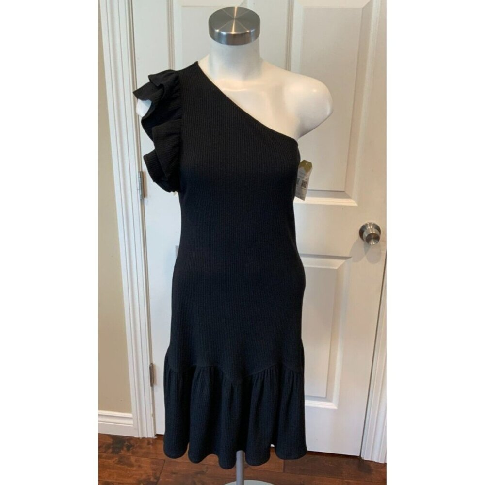 Rebecca Taylor Black Rib Knit Dress W/ One Ruffle Sleeve, Size Small